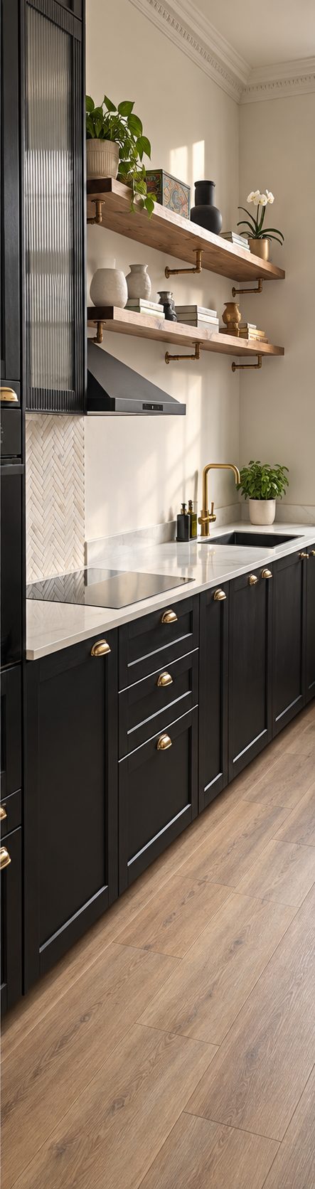 Finished black shaker kitchen with brass cup handles, open oak shelves, herringbone splashback and brass tap