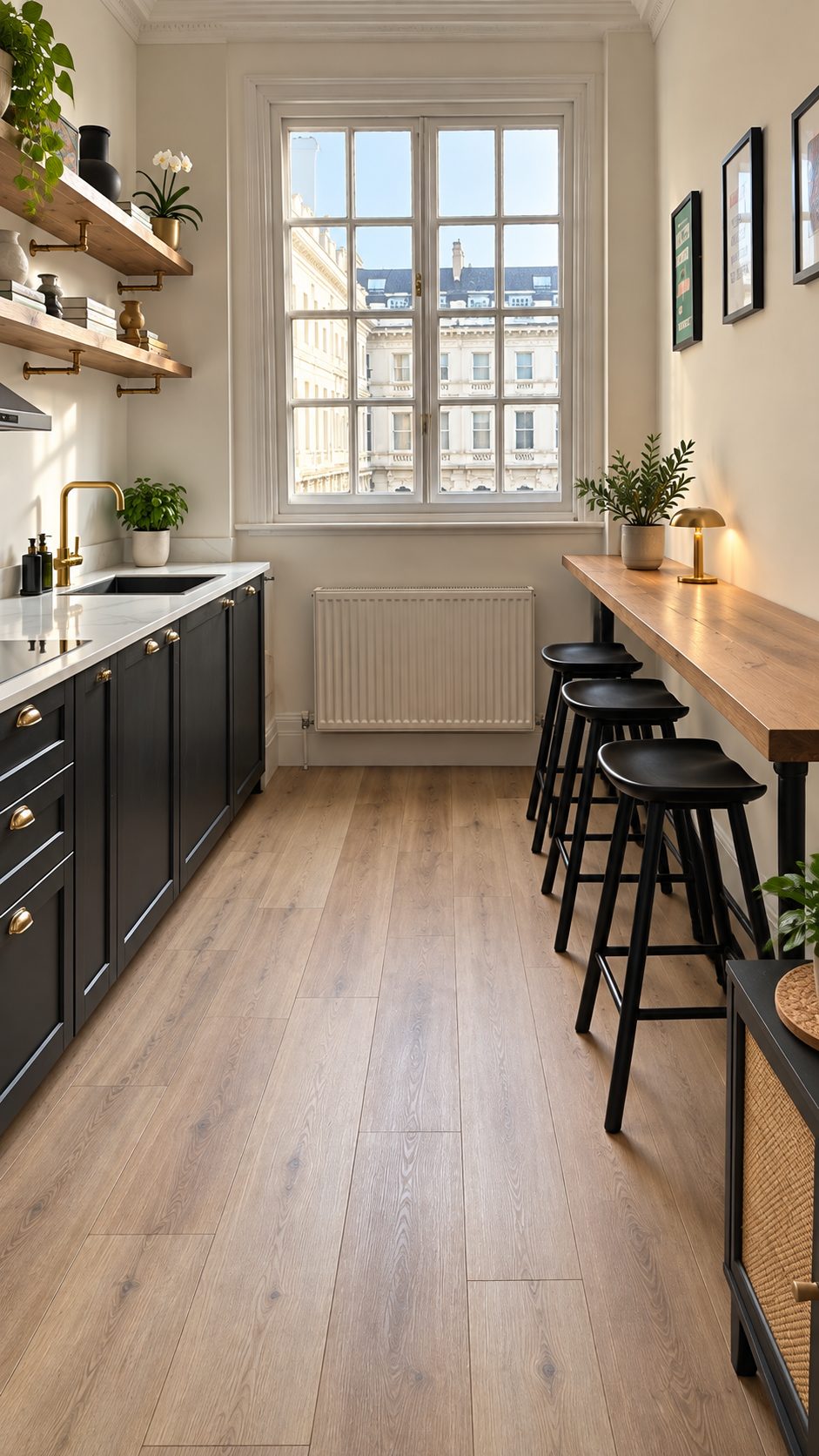 Galley kitchen with an oak breakfast bar and black stools beneath a tall sash window